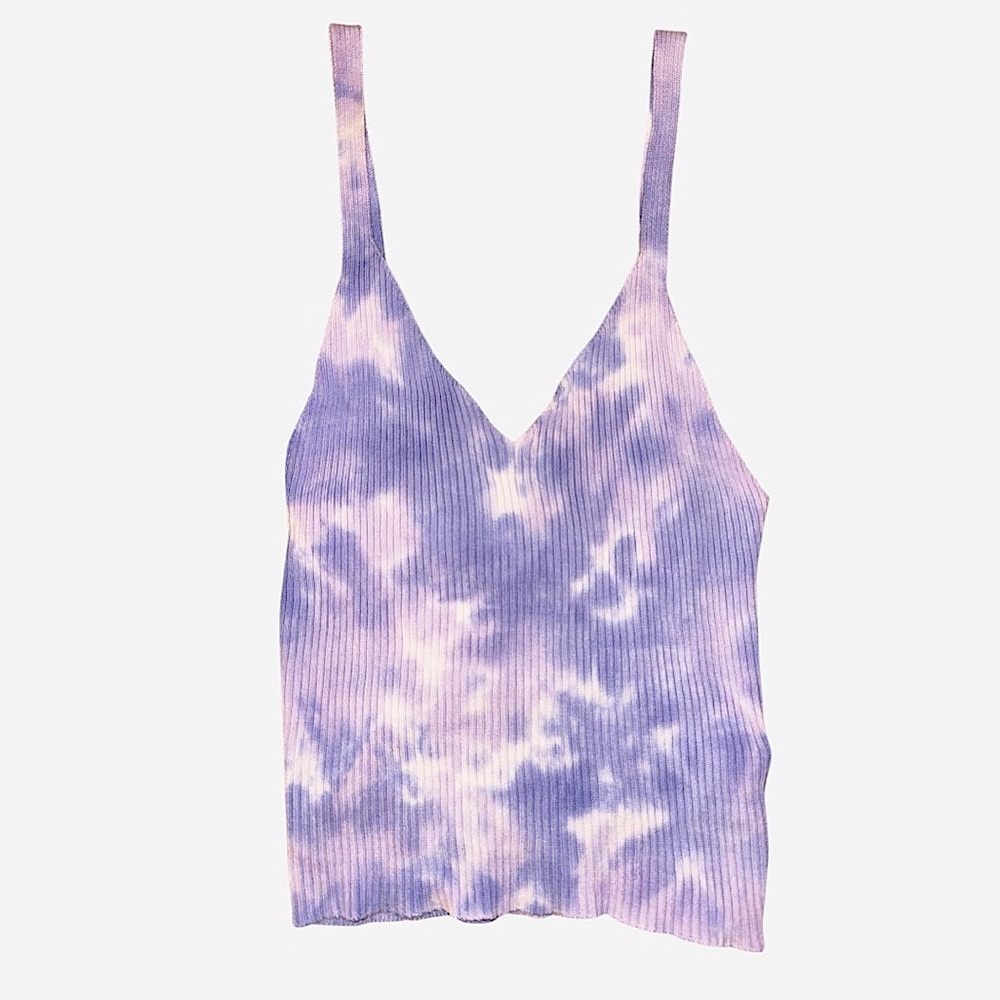 NWT Blue & Purple Tie-Dye Forever 21 Ribbed Knit White Cropped V-Neck Tank Top S